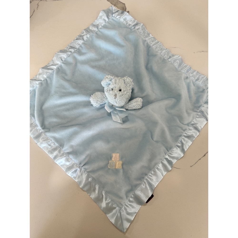 Bearington Baby Blue Teddy Bear Lovey‎ Security Blanket Satin Trim ABC Blocks